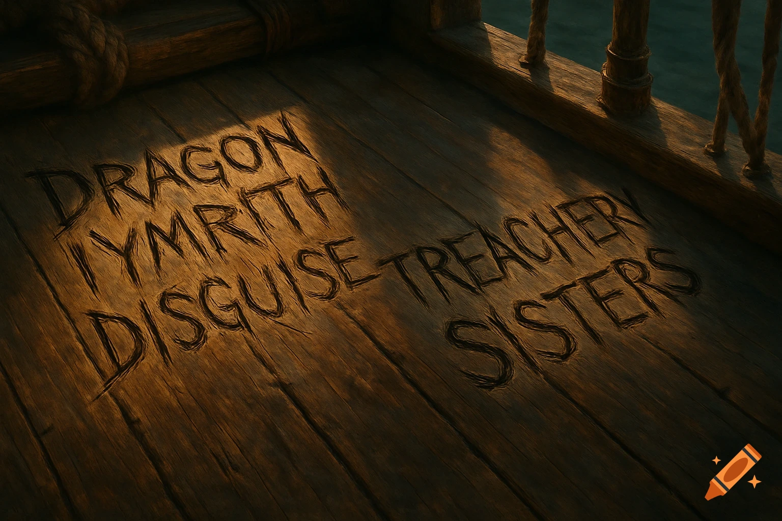 Wooden ship deck floorboards with words like DRAGON, DISGUISE, TREACHERY, and SISTERS carved into them.