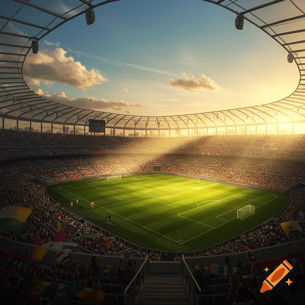 A large soccer stadium filled with a crowd, illuminated by golden sun rays shining onto the green field.