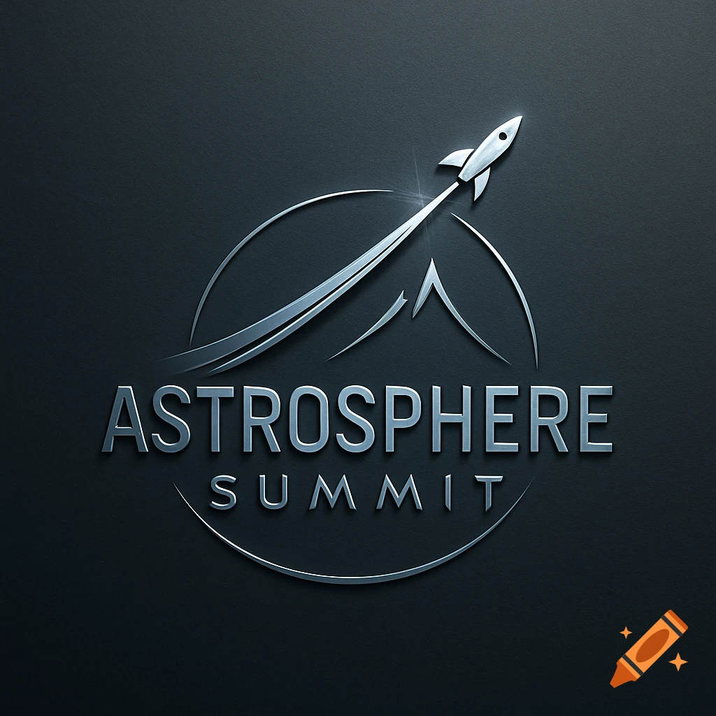 A metallic grey logo for 'Astrosphere Summit' featuring a rocket launching over an arc and mountain peaks.