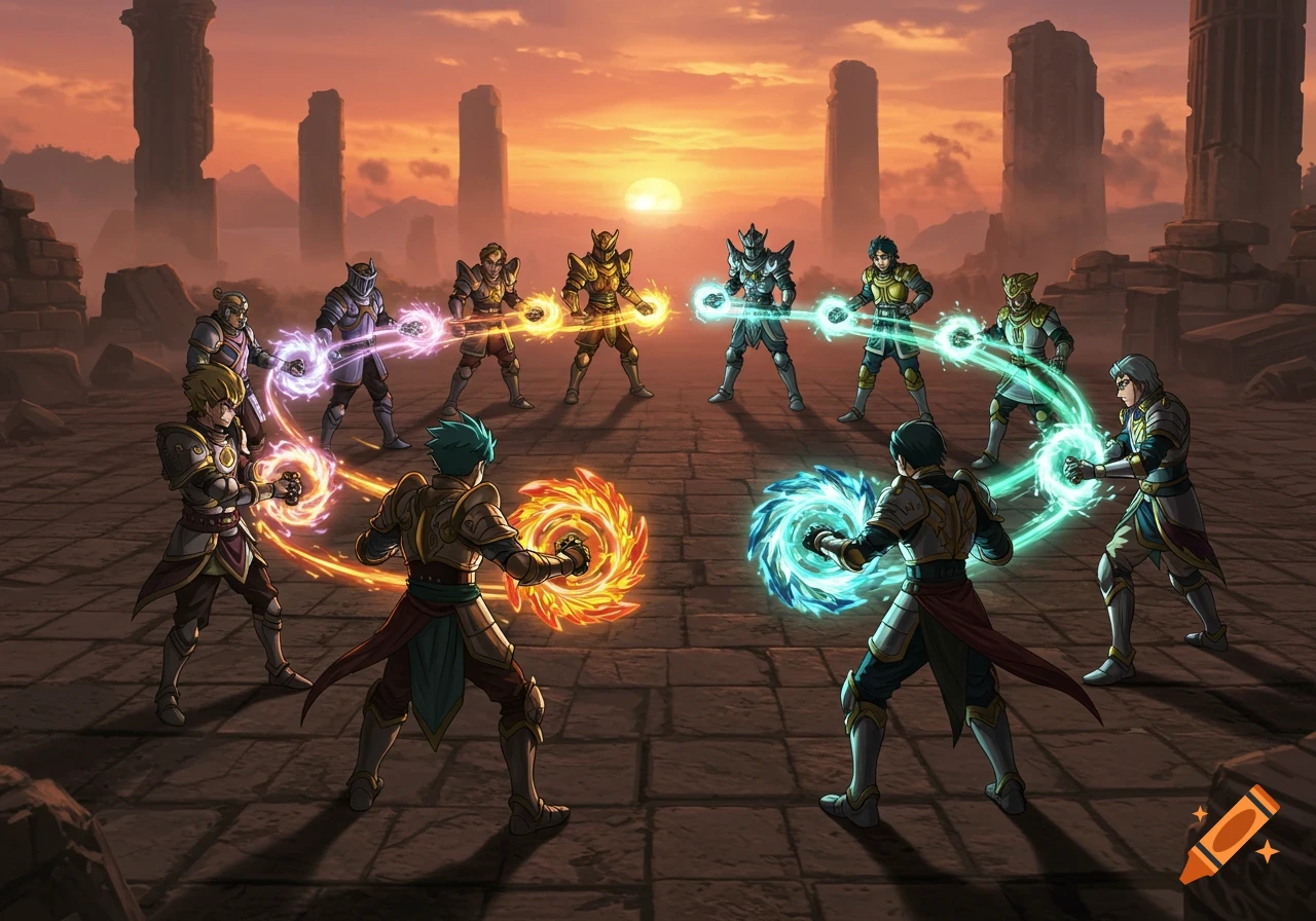 Ten armored warrior knights wielding swirling magical energy, standing in ancient ruins at sunset in an anime style.