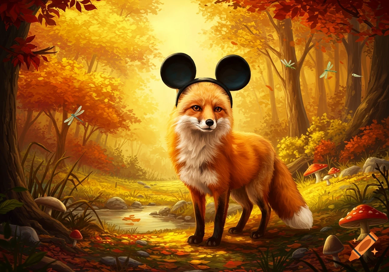 A cute red fox wearing black Mickey Mouse ears stands in a vibrant autumn forest with yellow and orange trees, a small stream, and red mushrooms.