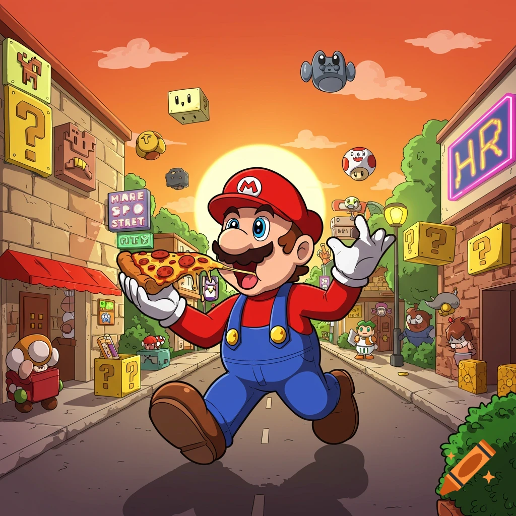 Mario is running down a street in a vibrant, cartoon-style town, happily eating a slice of pepperoni pizza. Floating game elements are around him.
