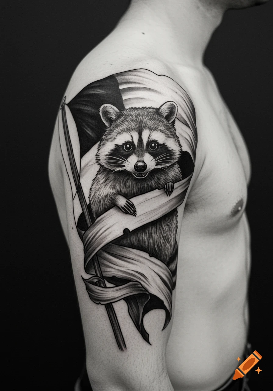 A black and white tattoo of a raccoon holding a flag pole, with the flag draped over the shoulder of a person.