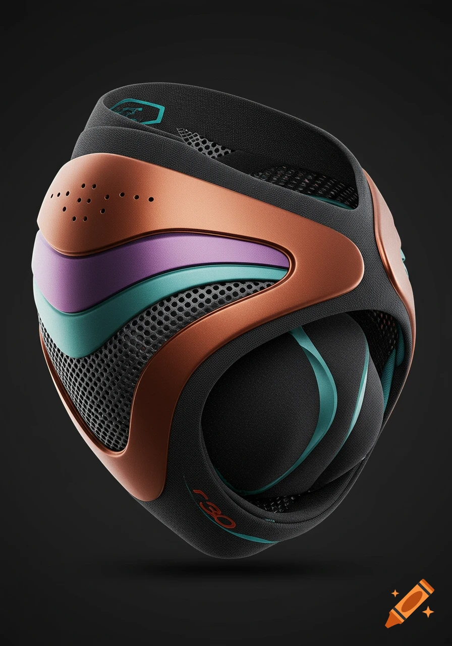 A close-up of a modern, futuristic sports cup or protective gear with a black mesh base, reinforced with shiny copper, purple, and teal sections, against a dark background.