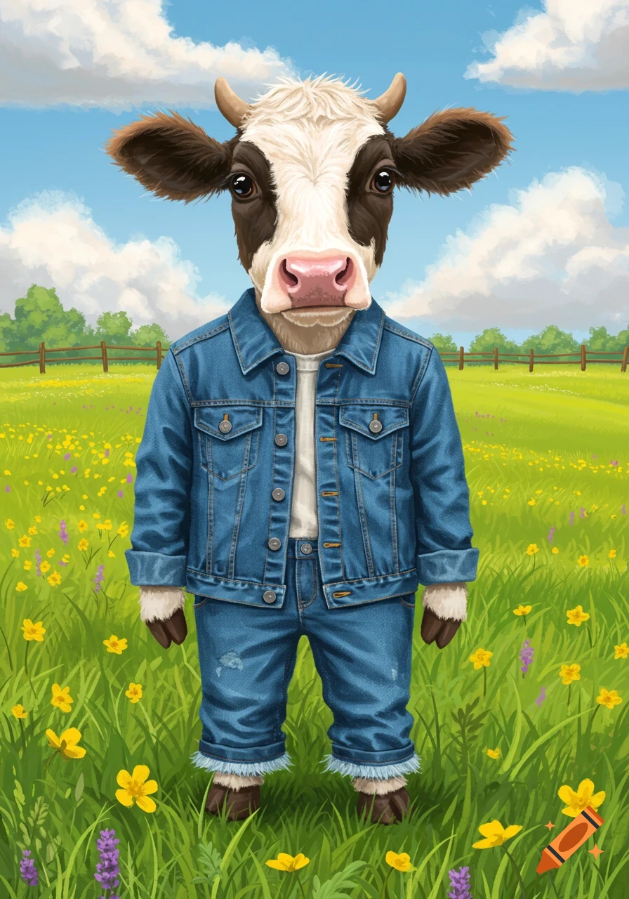 A cartoon cow wearing a denim jacket and pants stands in a bright green field with yellow flowers under a blue sky.