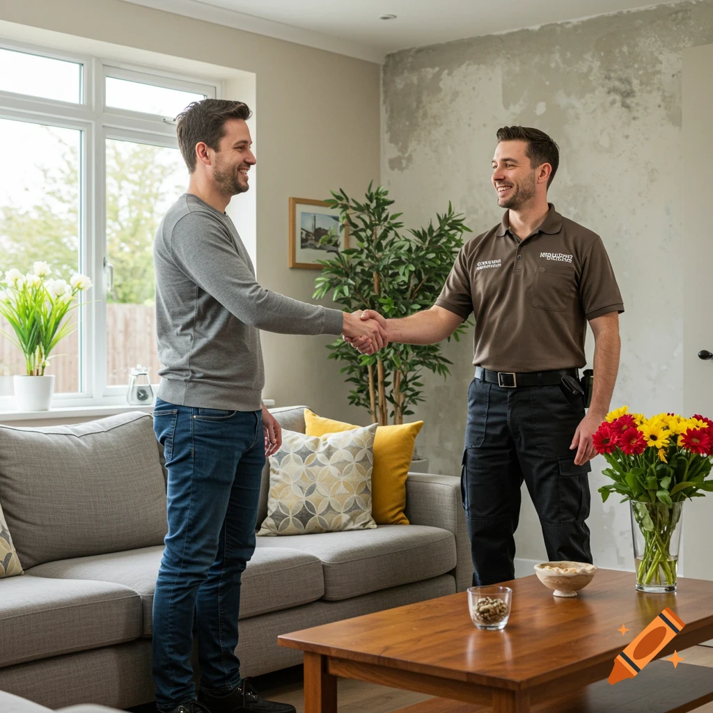 A smiling man in a grey sweater shakes hands with a Mould Doctor technician in a living room.
