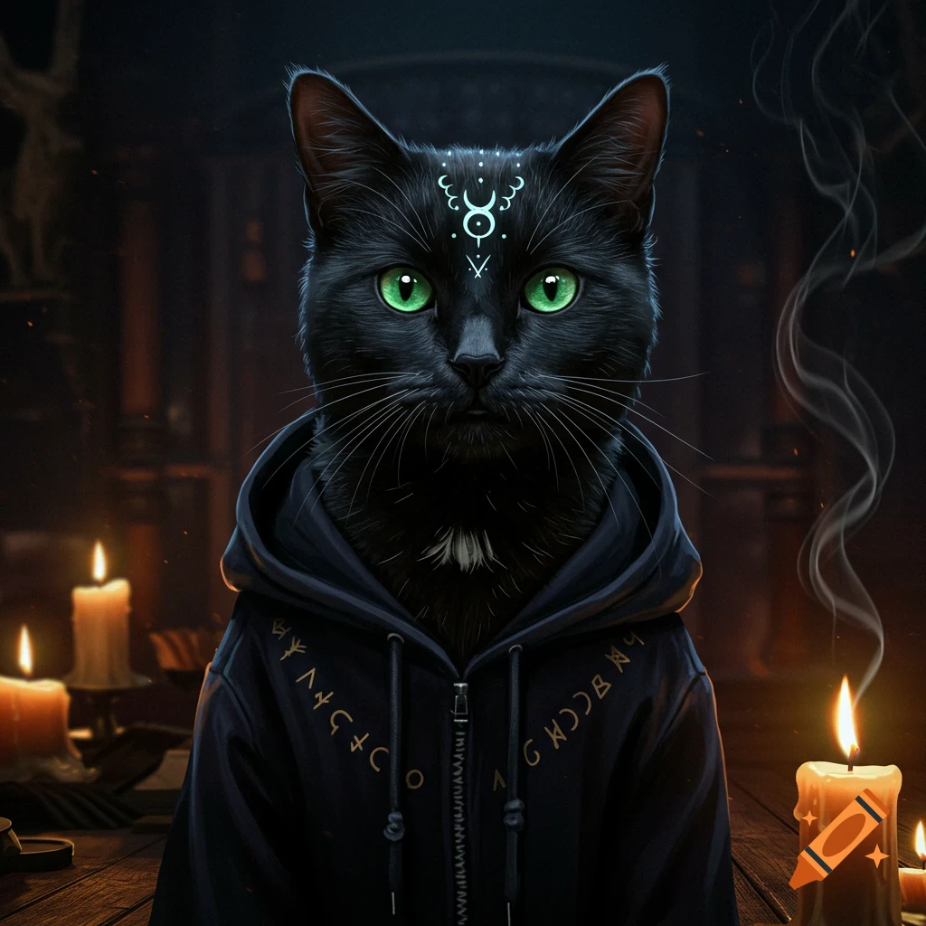 A black cat with bright green eyes wears a dark hoodie with golden, unreadable runes and a spiritual symbol on its forehead, surrounded by glowing candles.