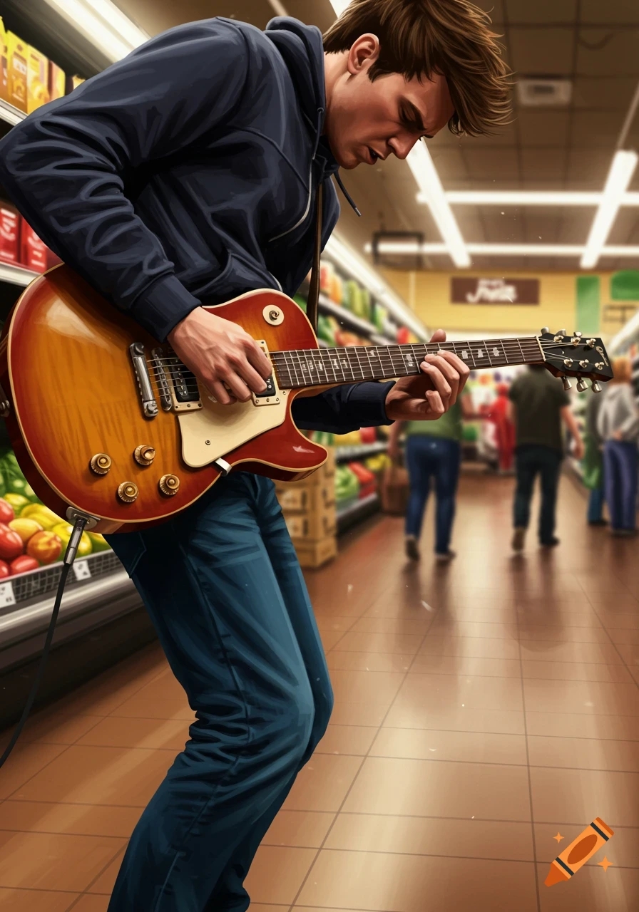 A man in a dark hoodie and jeans plays an electric guitar in a grocery store aisle.
