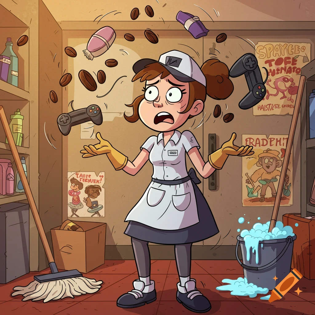 A stressed cartoon female janitor in an apron and gloves juggles coffee beans, a duster, and game controllers in a storage room.
