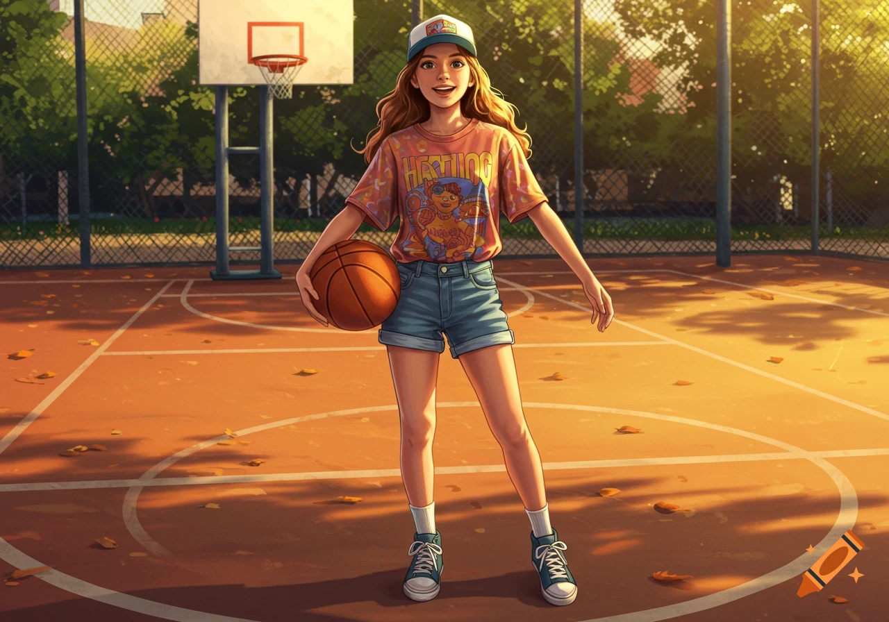 An anime-style girl in a t-shirt, shorts, and cap holds a basketball on a sunny outdoor court.