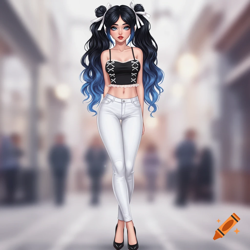 Full-body anime-style illustration of a girl with black and blue ombre pigtails, a black crop top, white skinny jeans, and black heels, standing in a blurred indoor background.