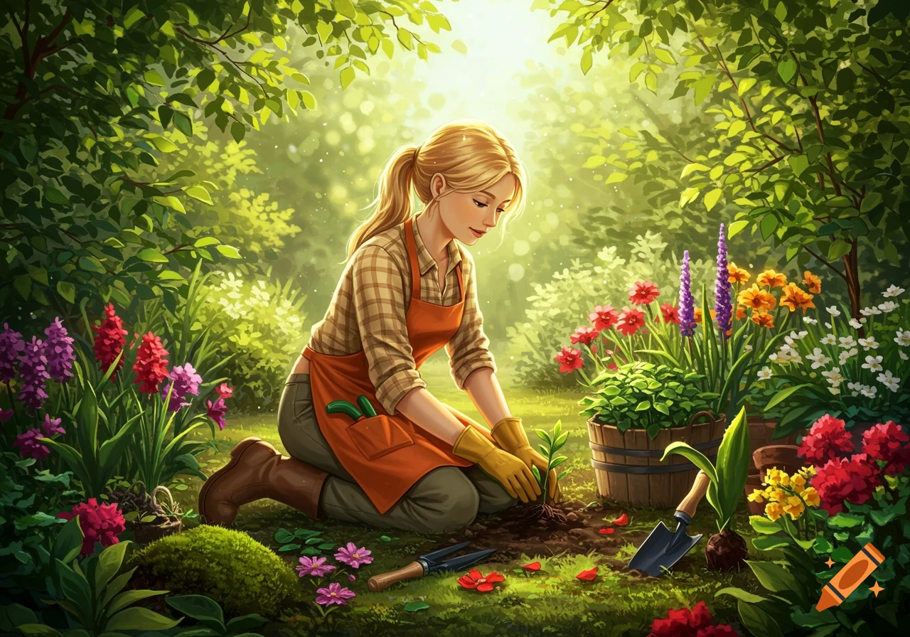 A young blonde woman in a plaid shirt and orange apron kneels in a sun-dappled garden, planting a sprout amidst colorful flowers. Illustrated style.