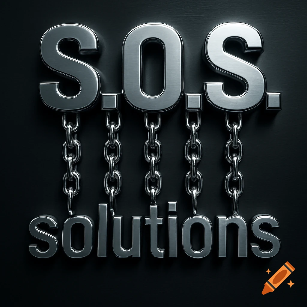 Metallic S.O.S. letters with chains holding the word 'solutions' in a dark 3D render.