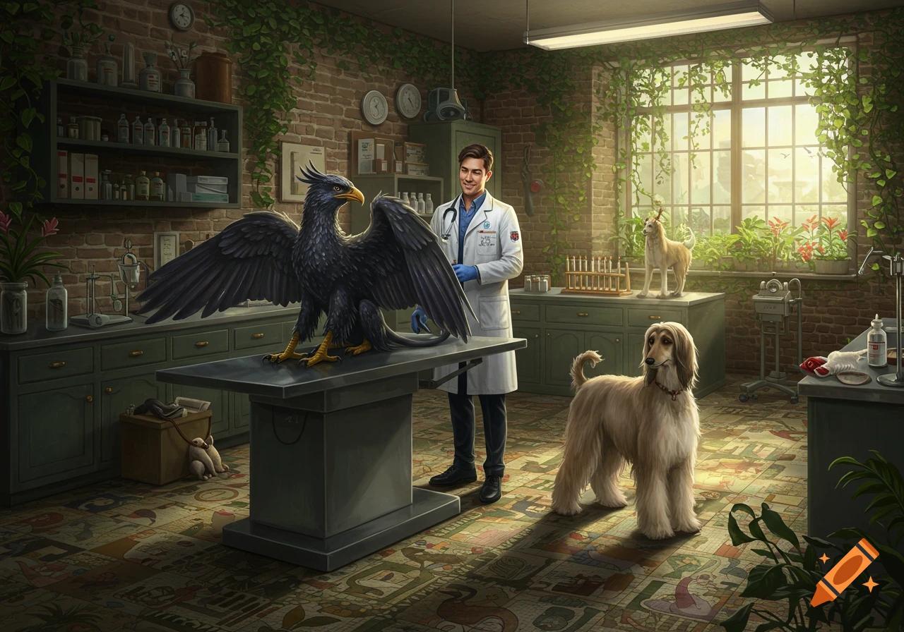 A smiling male veterinarian examines a large black griffin on a table, while two Afghan Hounds stand nearby in a sunlit, vine-covered brick veterinary office.
