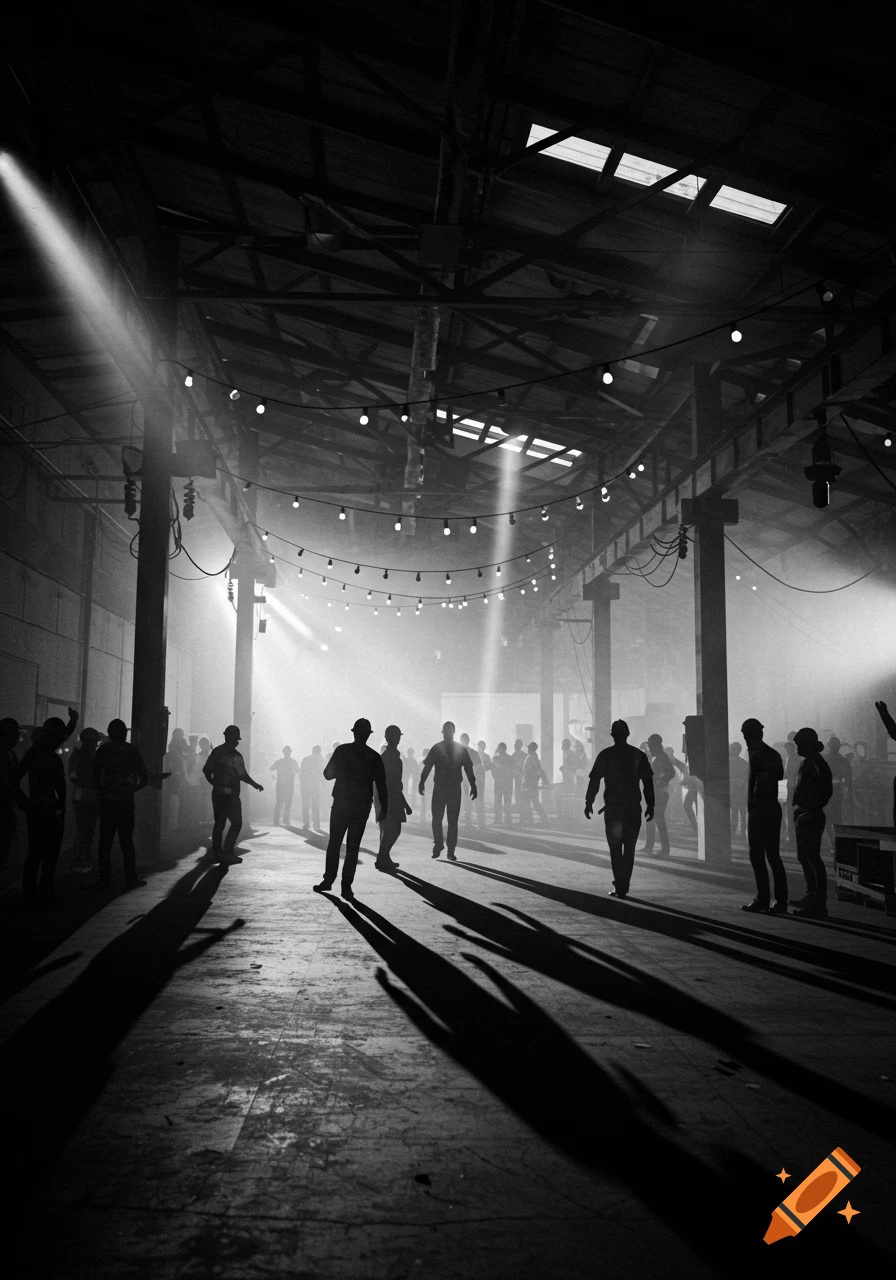 Silhouetted people at a techno rave in a smoky, dimly lit warehouse, captured in black and white.