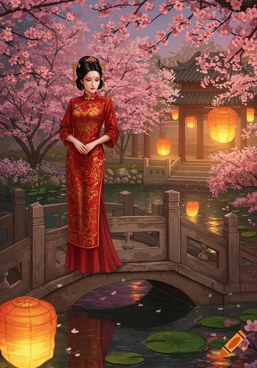A woman in a vibrant red traditional Chinese dress stands on a stone bridge amidst blooming cherry blossoms and glowing lanterns in a serene garden.