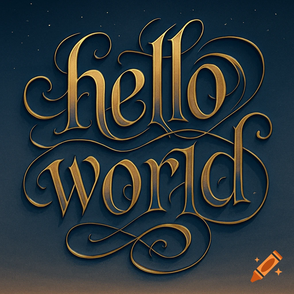 Ornate, golden calligraphic text spelling "hello world" on a dark blue background with subtle textures.