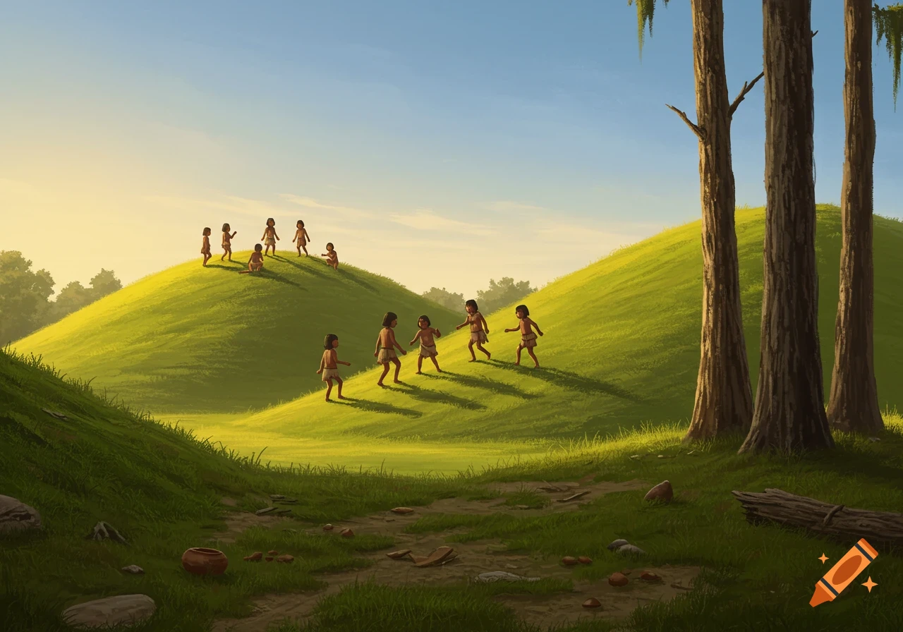 Illustrated scene of children in simple clothing playing on rolling green hills under a bright sky with trees.