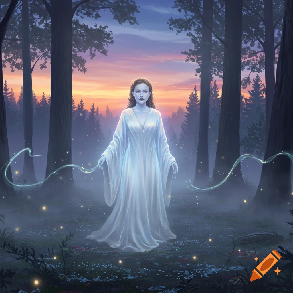 A spectral woman with brown hair in a flowing white gown stands in a misty forest at sunset, with glowing tendrils around her.