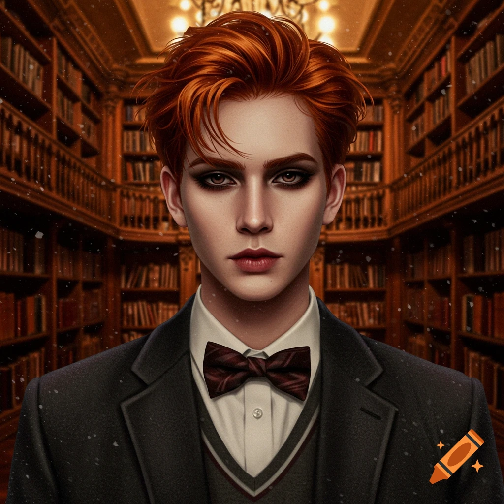 A stylized portrait of a redhead boy in a suit and bow tie with eyeliner, standing in a grand library.