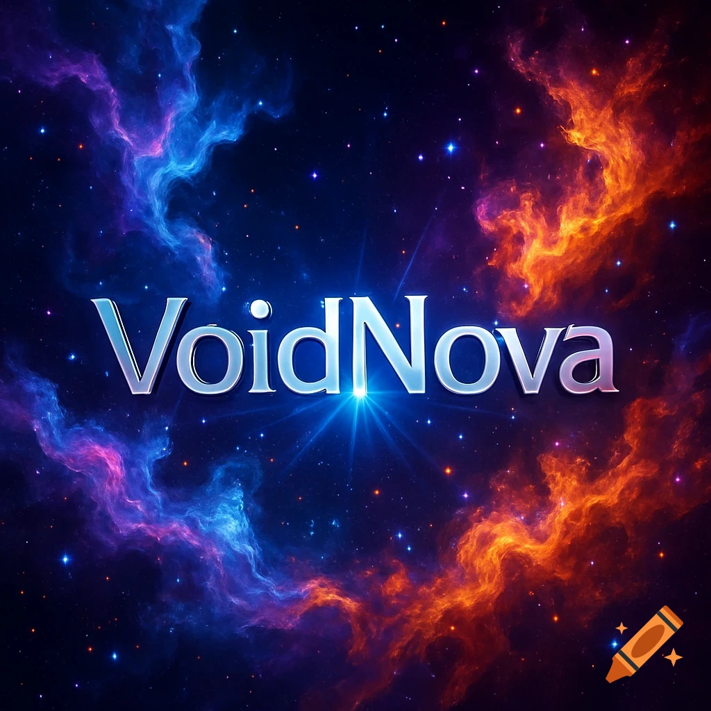 The word 'VoidNova' in a metallic font against a vibrant cosmic background with blue, purple, and orange nebulae and stars.
