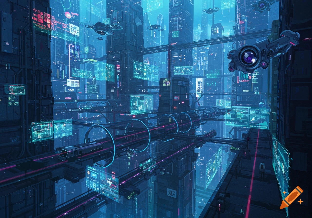 Futuristic high-tech city with towering buildings, glowing neon screens, elevated transport tubes, and flying drones, in a vibrant, stylized concept art style.