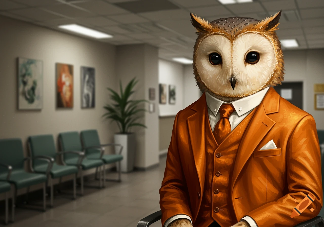 An anthropomorphic owl in an orange suit and waistcoat sits in a hospital waiting room. Digital painting.