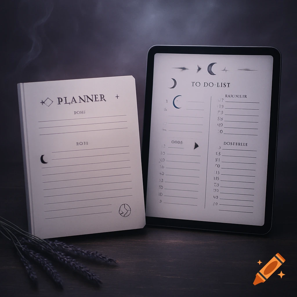 A witchy-themed planner notebook and a tablet displaying a to-do list with moon phases and lavender branches on a dark wooden surface.