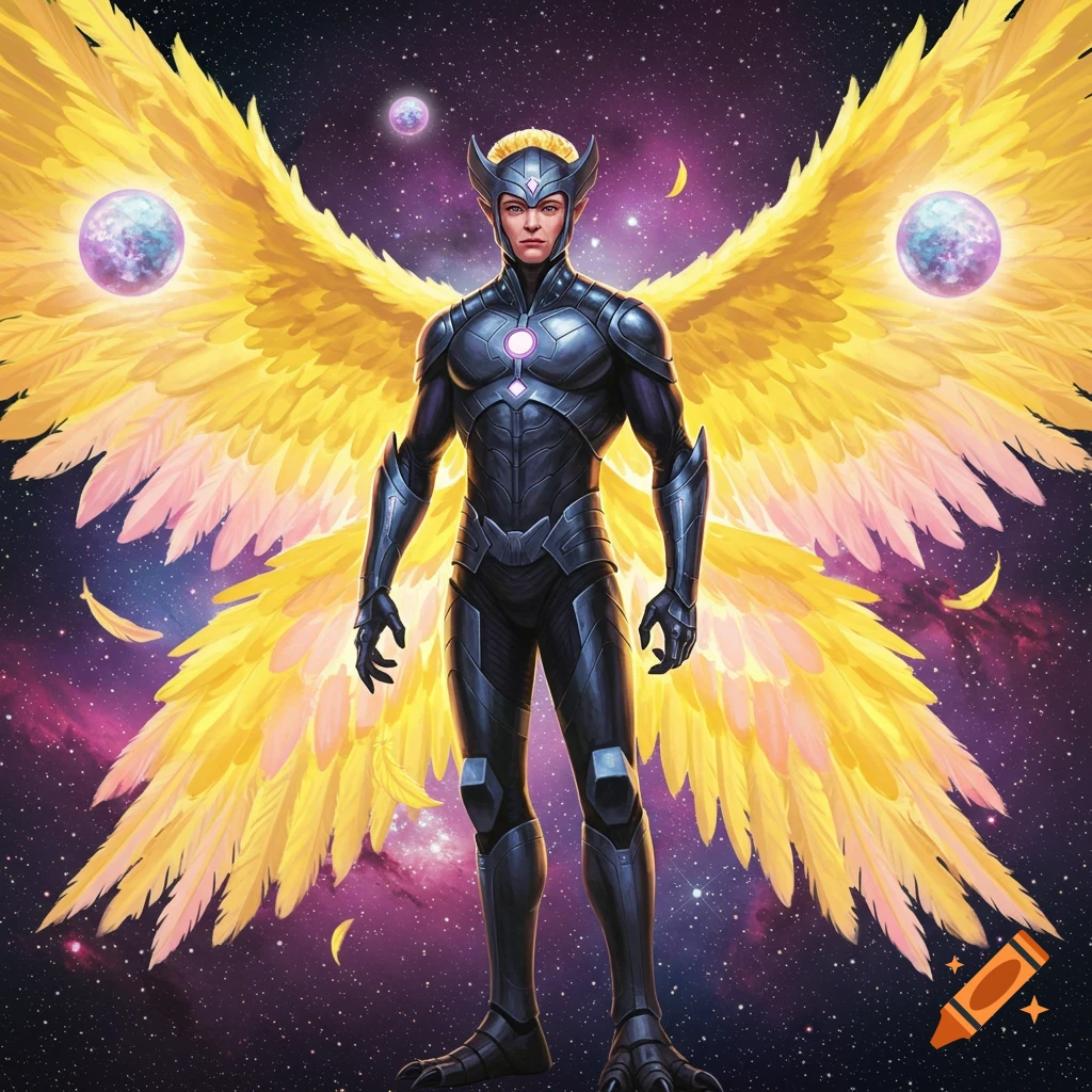 A humanoid character in dark armor with large yellow wings stands in space with planets and stars in the background.