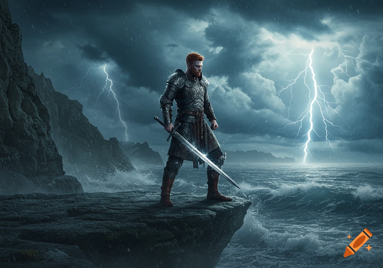 A red-haired warrior in armor stands on a cliff with a sword, facing a stormy sea with lightning in the sky.