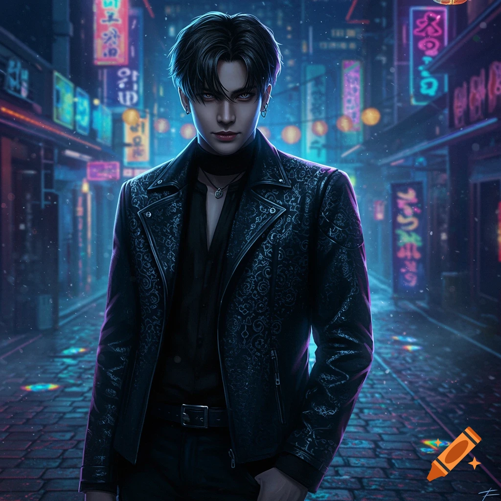 A stylized young man with dark hair and sharp features stands on a wet, neon-lit street at night, wearing a black patterned leather jacket.