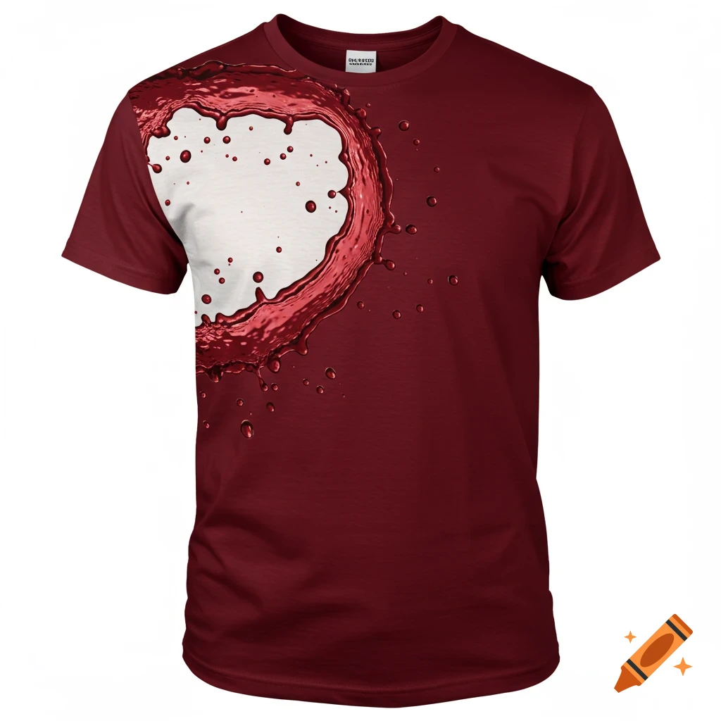 A dark red t-shirt with a heart-shaped red liquid splash and droplets on the left side.