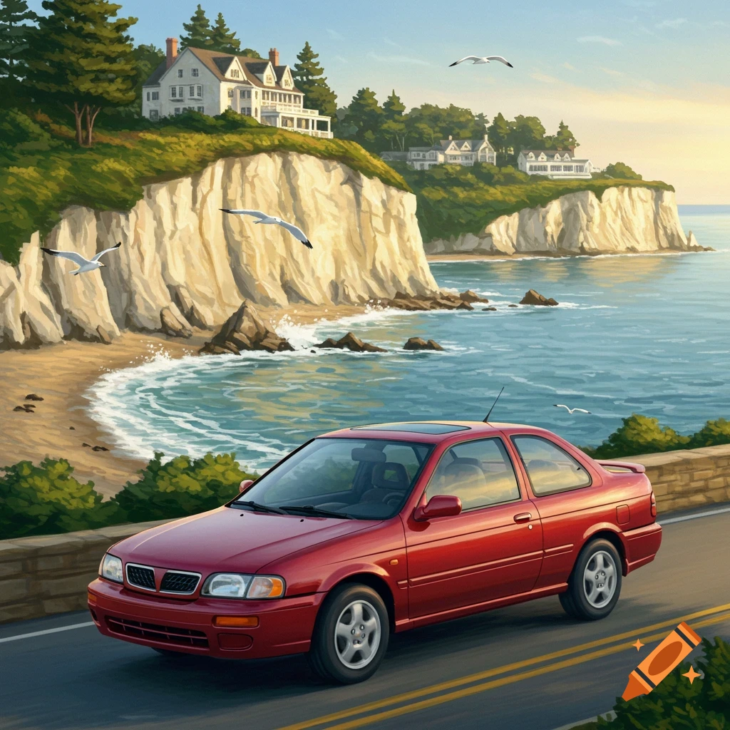 A red two-door car on a coastal road overlooking cliffs and ocean, with houses on a hill, in an illustrated style.