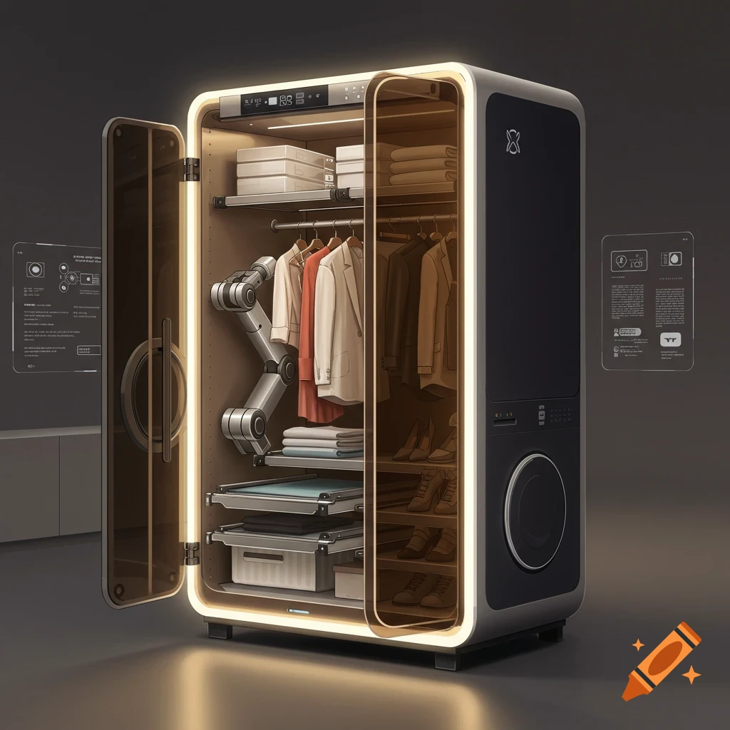 A futuristic smart closet with an open door, revealing clothes on hangers, folded laundry, shoes, a robotic arm, and a washing machine drum.