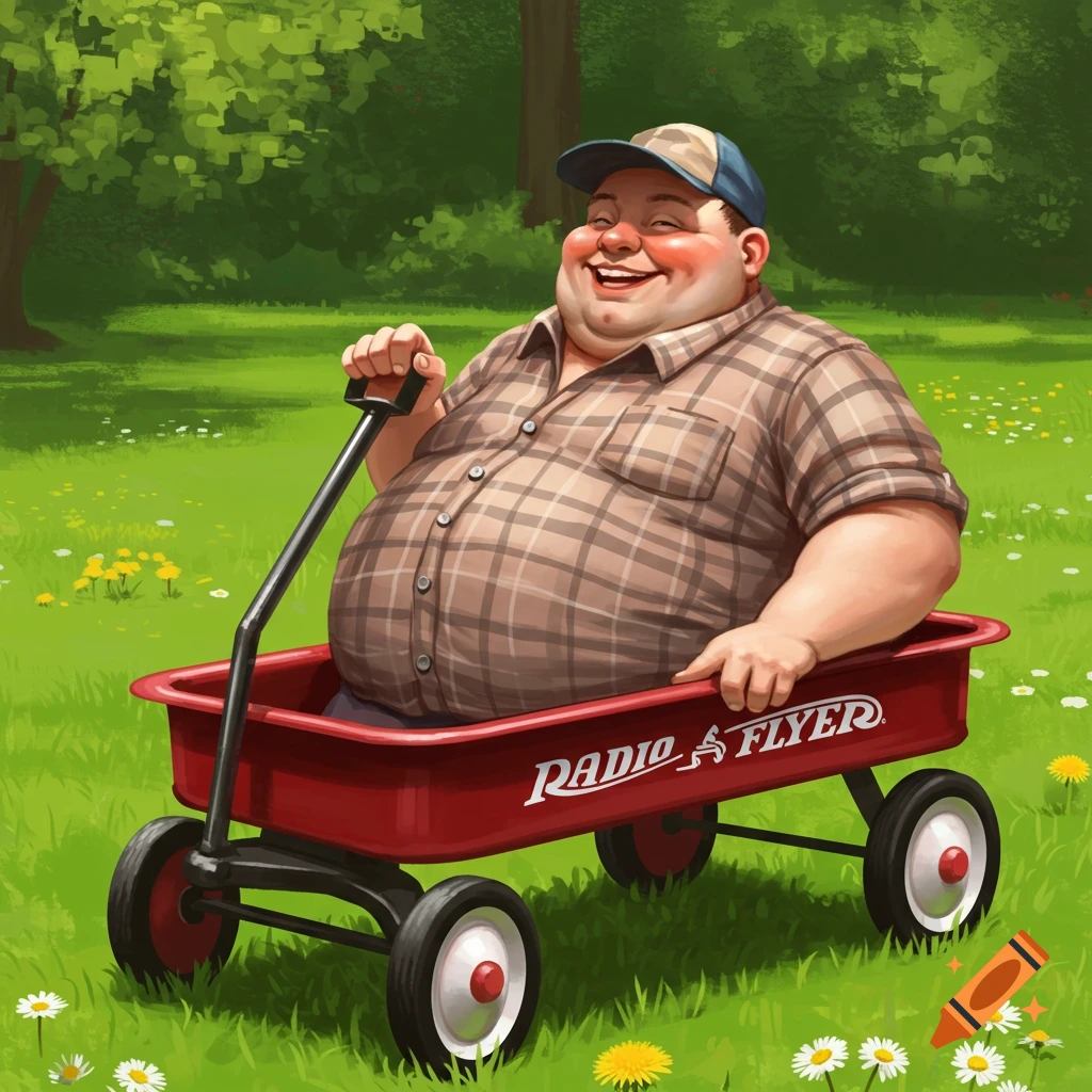 An illustration of a large man happily sitting in a red Radio Flyer wagon in a grassy field.