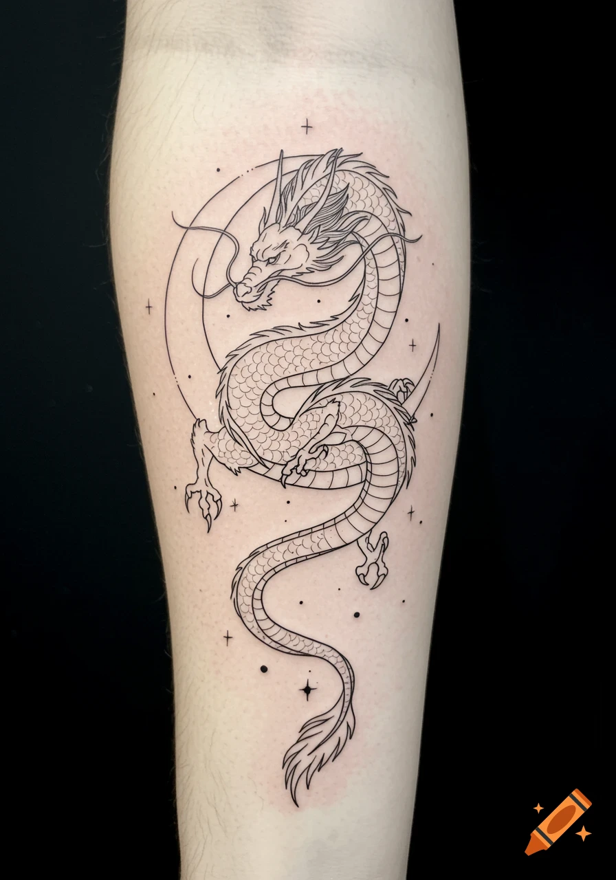 A fine line style tattoo of a detailed black outline dragon wrapped around a crescent moon on a person's arm or leg.