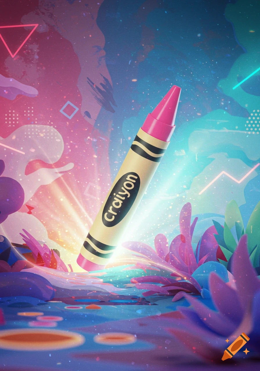 A pink crayon floats above glowing fantastical plants in a vibrant, abstract landscape.