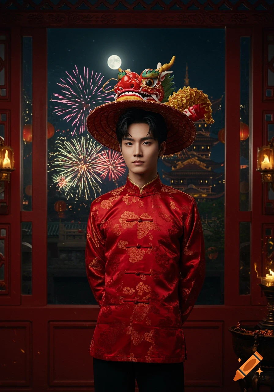 Hyperrealistic photo of a young Chinese man in a red top and dragon hat, standing in a temple at night with fireworks.