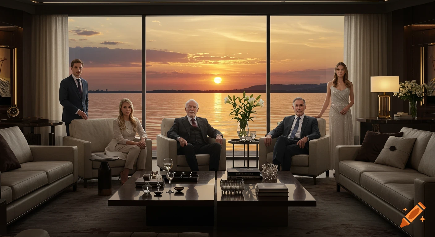 A wealthy family of five, including an elderly patriarch, poses in a modern luxury living room with a large window overlooking a lake at sunset.