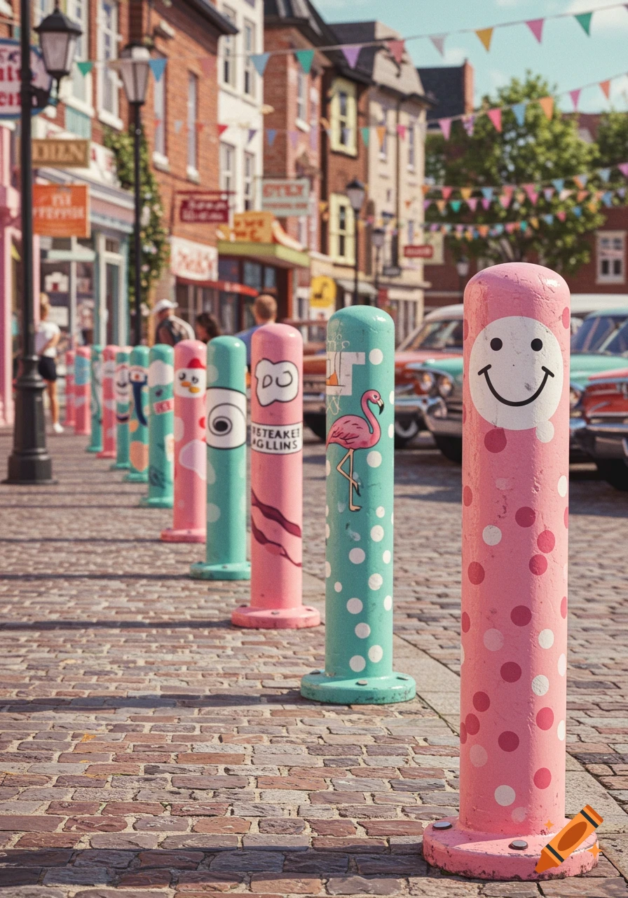 A row of colorful, decorated pink and teal bollards with polka dots and whimsical designs lines a cobblestone street.