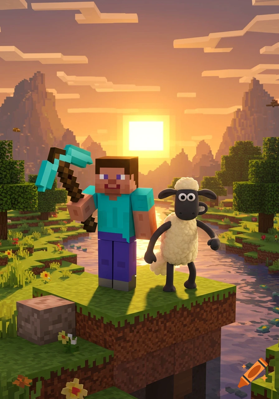 Minecraft Steve holding a pickaxe stands next to Shaun the Sheep on a block overlooking a river, with blocky mountains and a sunset in the background.