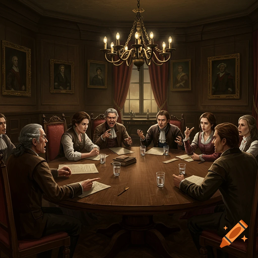 Seven people in historical attire sit around a circular table in a dimly lit room, engaged in a heated argument.
