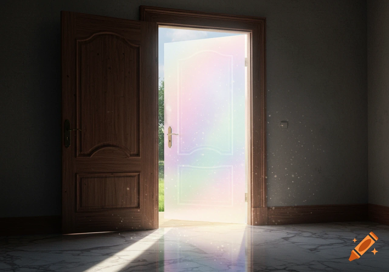 A wooden door stands ajar in a room with a marble floor, opening into a glowing, rainbow-colored, ethereal doorway.