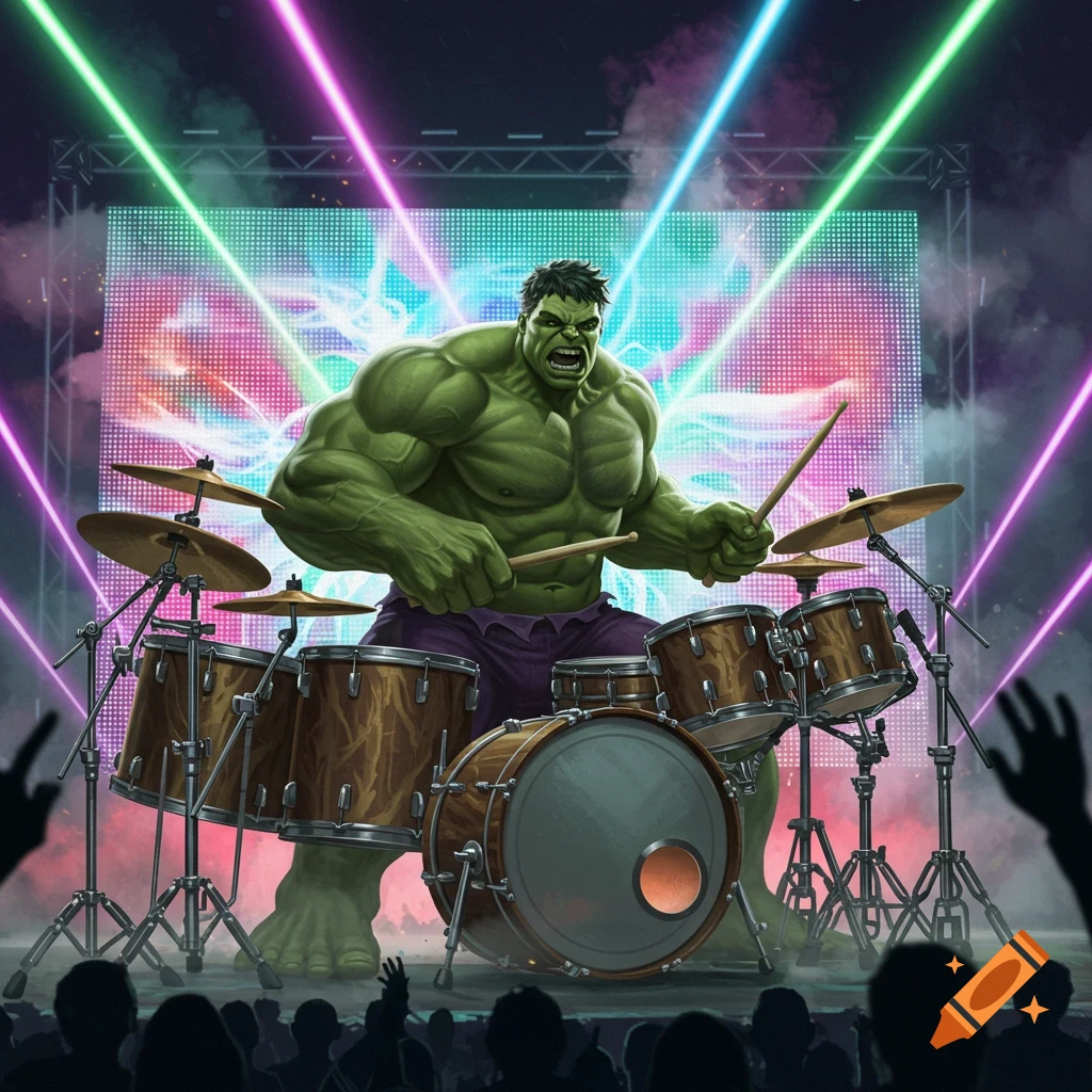 Hulk enthusiastically plays a drum kit on a brightly lit stage with a cheering audience, in a comic book art style.