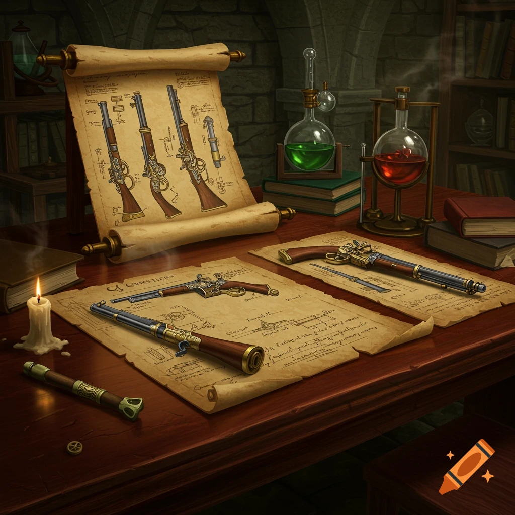 A detailed steampunk-style desk with antique firearms, blueprints on scrolls, and alchemical flasks.