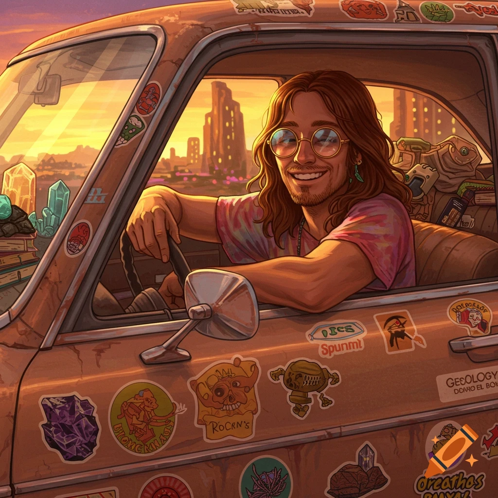 A smiling man with long hair, glasses, and a tie-dye shirt drives a vintage car covered in stickers, with crystals on the dashboard.