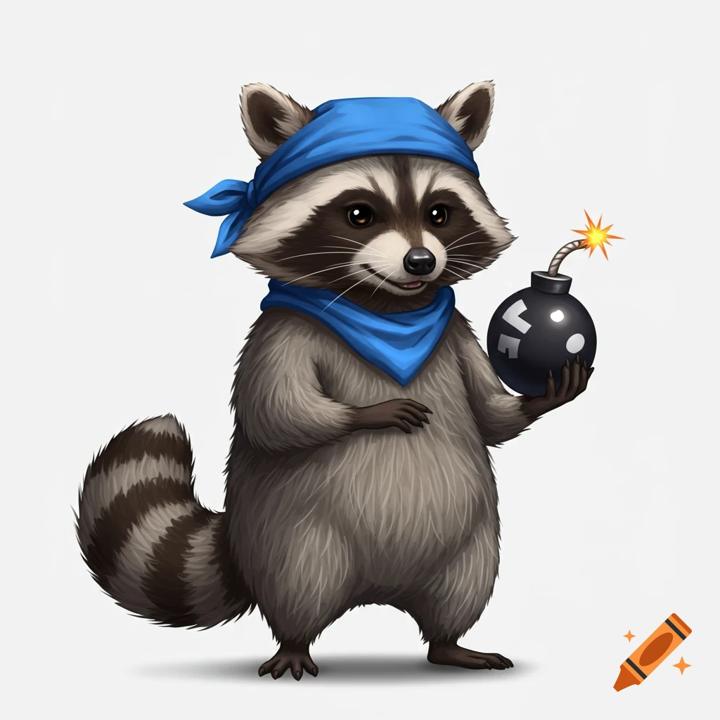 A cartoon raccoon wearing a blue bandana holds a bomb with a lit fuse on a white background.