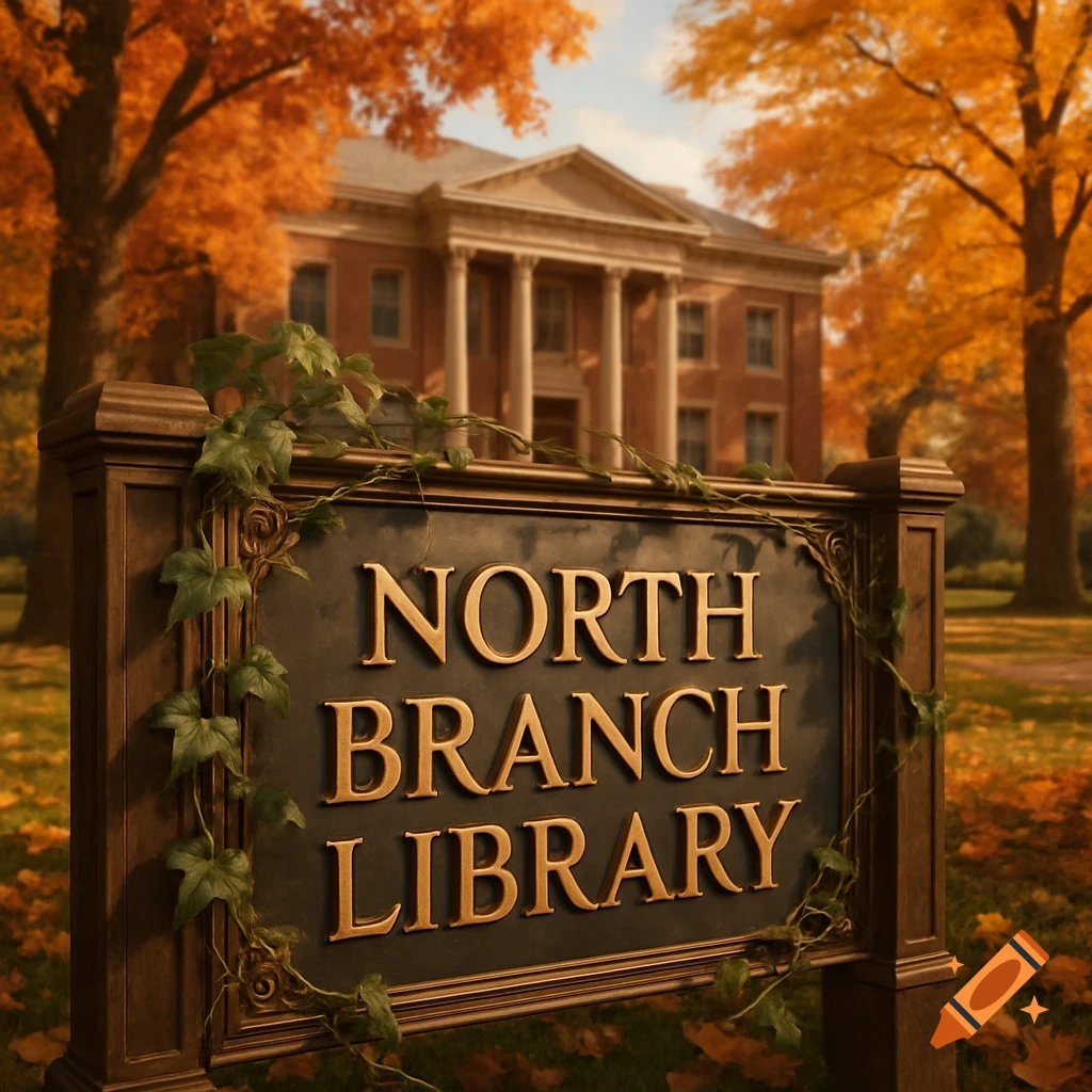 Photorealistic image of a wooden sign for 'NORTH BRANCH LIBRARY' in an autumn setting with a building and colorful trees.