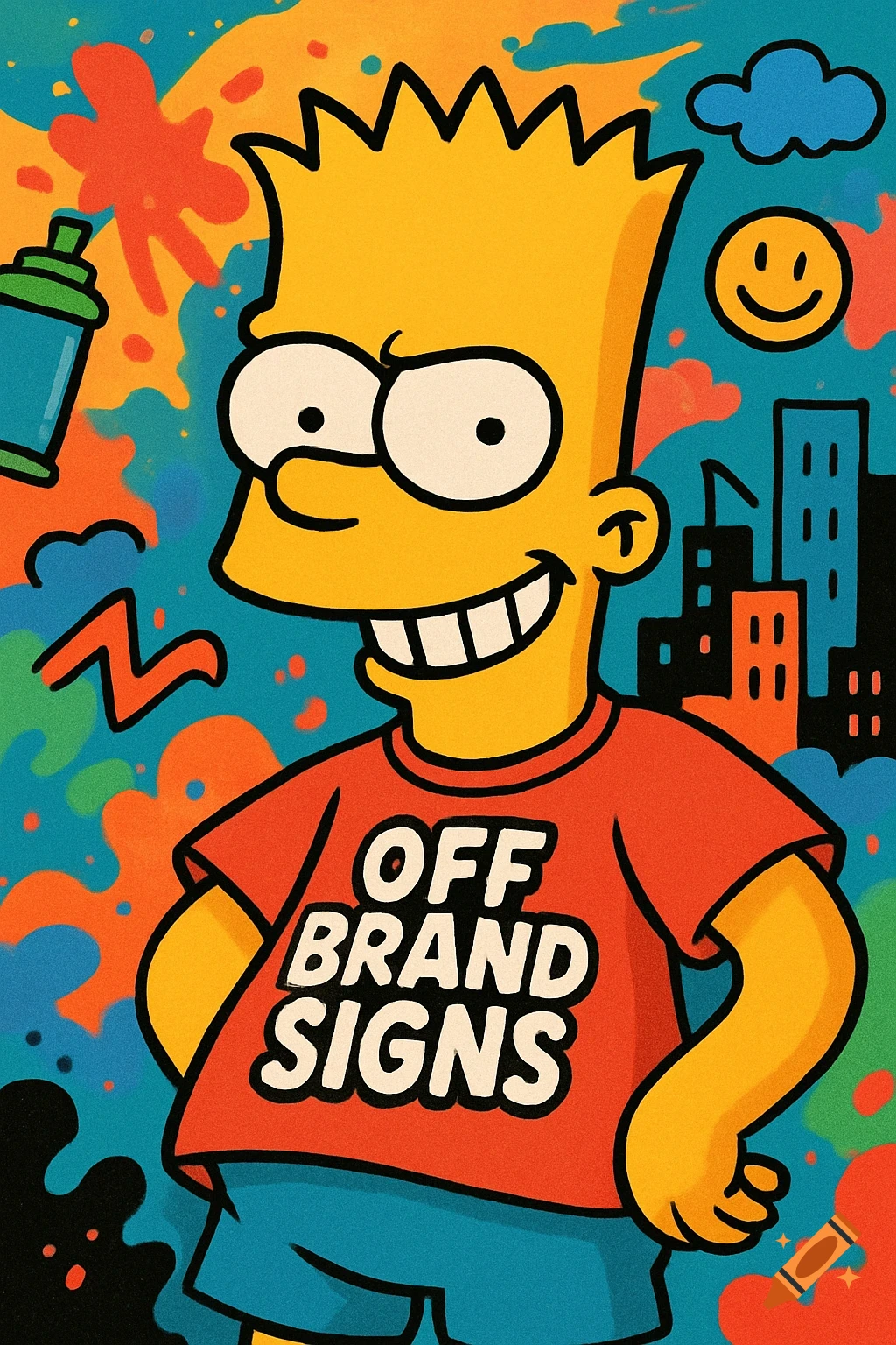 Cartoon Bart Simpson in a red shirt saying 'OFF BRAND SIGNS', smiling against a vibrant graffiti background with paint splatters, spray can, and city buildings.
