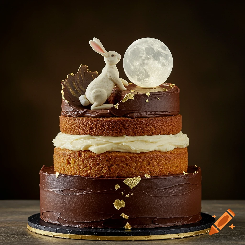 A three-tier wedding cake with chocolate and carrot cake layers, topped with a white bunny figurine and a glowing full moon.